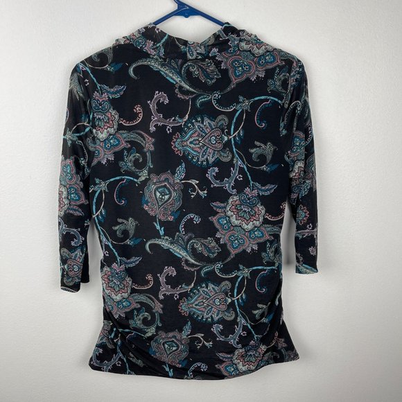 Dana Buchman Drape Front Paisley Print Top Womens S Black 3/4 Cowl Neck Ruched‎ - Picture 6 of 13